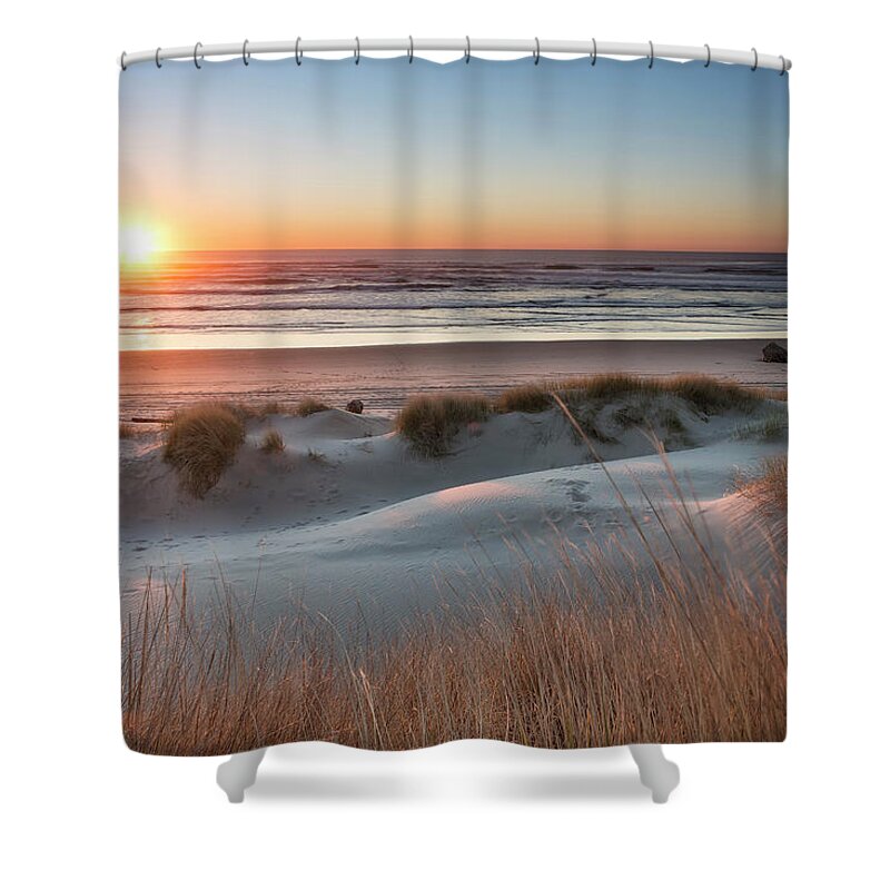 Sunset Shower Curtain featuring the photograph South Jetty Beach Sunset, No. 3 by Belinda Greb