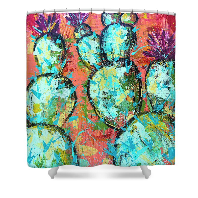 Southwestern Shower Curtain featuring the painting Southwestern Coral Cactus Abstract Vivid by Joanne Herrmann