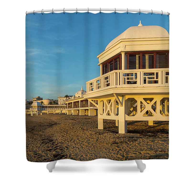 Seascape Shower Curtain featuring the photograph Spa at La Caleta under a Blue Sky Beach in Cadiz Andalusia by Pablo Avanzini