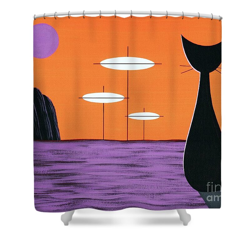 Mid Century Modern Shower Curtain featuring the painting Space Cat in Orange and Purple by Donna Mibus