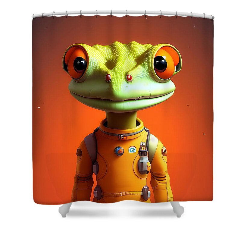 Space Gecko Art Shower Curtain featuring the mixed media Space Gecko Goes Galactic in an Orange Space Suit by Artvizual Premium
