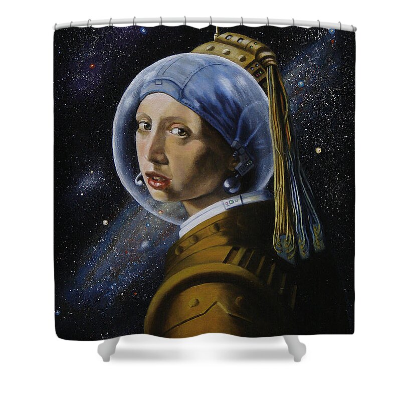 Astronaut Shower Curtain featuring the painting Space Girl with Pearl Earpiece, after Vermeer by Ken Kvamme