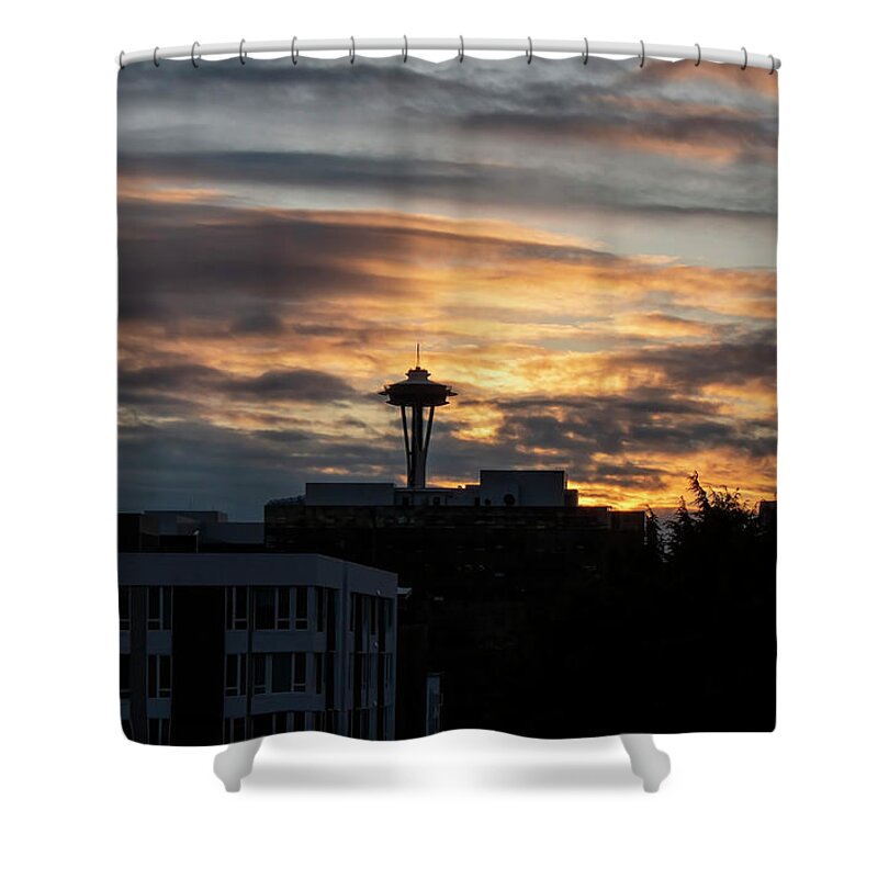 Sunset Shower Curtain featuring the photograph Space Needle Sunset by Cathy Anderson