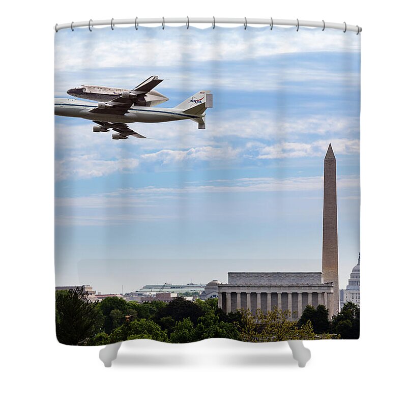 North America Shower Curtain featuring the photograph Space Shuttle Discovery over Washington DC by Steven Heap