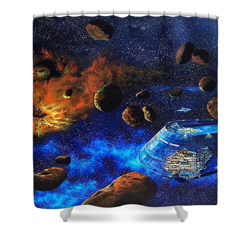 Future Shower Curtain featuring the painting Spaceship Titanic by Murphy Elliott