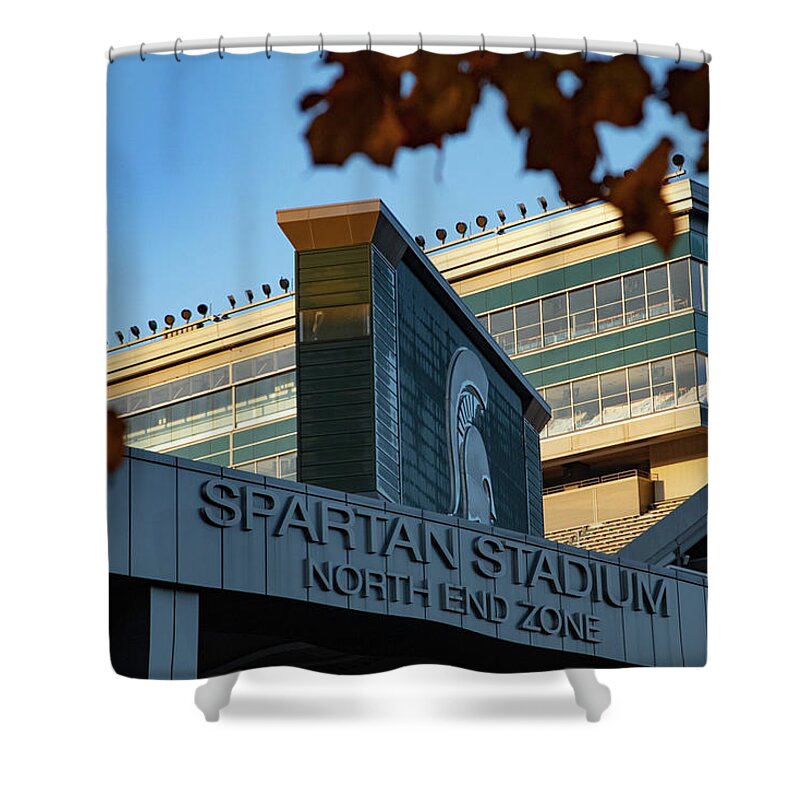 Michigan State Football Shower Curtain featuring the photograph Spartan Stadium north end zone through the trees by Eldon McGraw