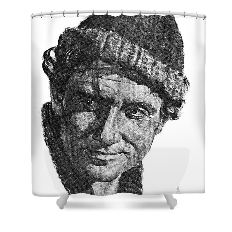 Spencer Tracy Shower Curtain featuring the drawing Spencer Tracy by Volpe by Movie World Posters