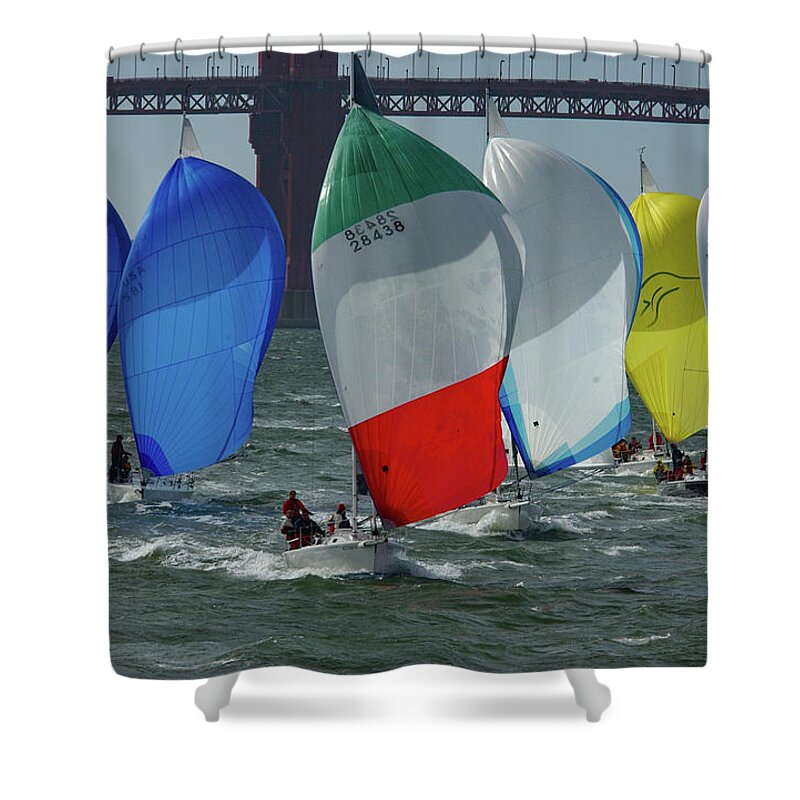 Spinnakers Shower Curtain featuring the photograph Spinnakers Under the Golden Gate by Bonnie Colgan
