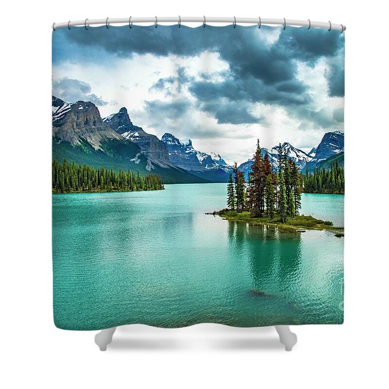 Maligne Lake Shower Curtain featuring the photograph Spirit Island by Darcy Dietrich