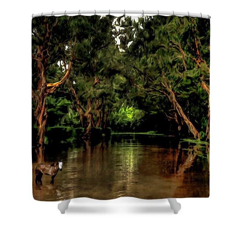 Pony Shower Curtain featuring the photograph Spirit Pony in a Windswept Mangrove by Wayne King