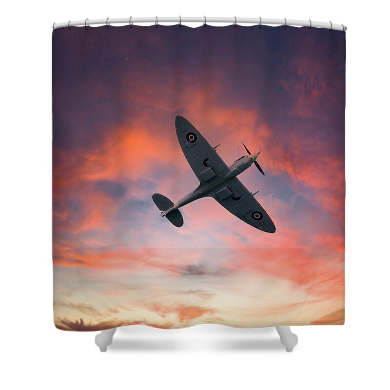 Eastbourne International Airshow Shower Curtain featuring the photograph Spitfire flying at sunset by Andrew Lalchan