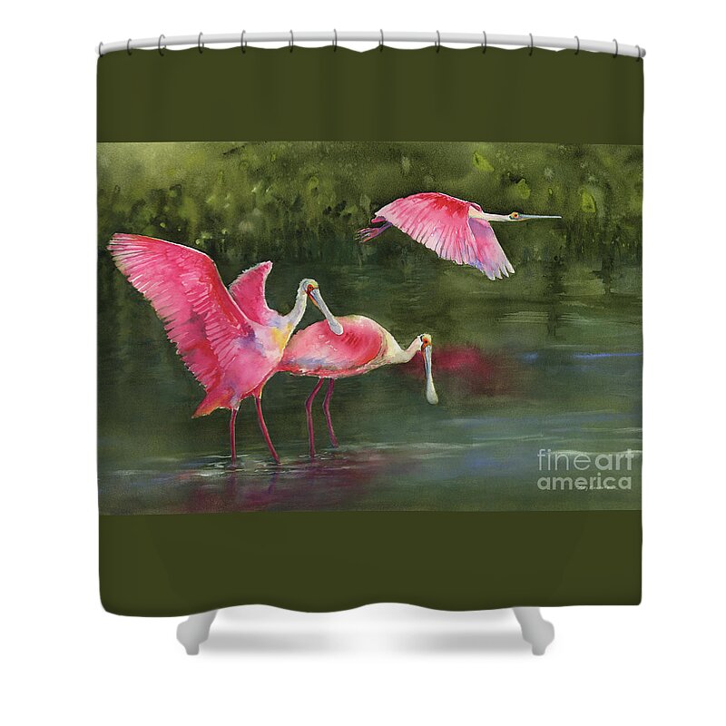 Watercolor Spoonbills Shower Curtain featuring the painting Spoonbills by Amy Kirkpatrick