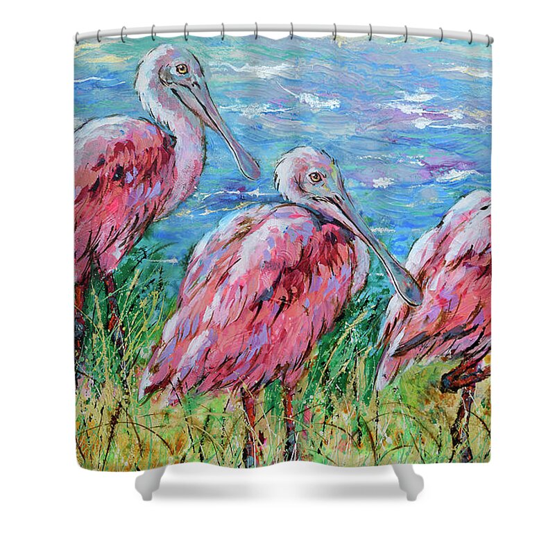 Spoonbills Shower Curtain featuring the painting Spoonbills at the Lake by Jyotika Shroff
