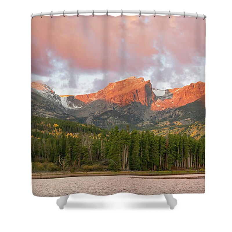 Panorama Shower Curtain featuring the photograph Sprague Lake Autumn Sunrise Panorama by Aaron Spong