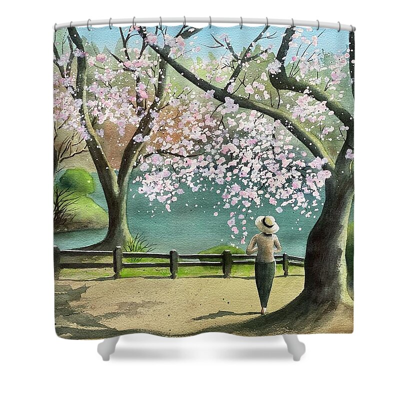 Cherry Blossom Shower Curtain featuring the painting Spring Beauties by Kelly Miyuki Kimura