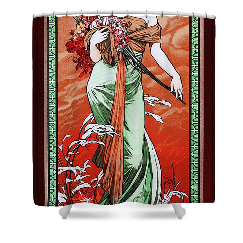 Spring Shower Curtain featuring the painting Spring by Alphonse Mucha Wall Decor Xzendor7 Old Masters Art Reproductions by Rolando Burbon