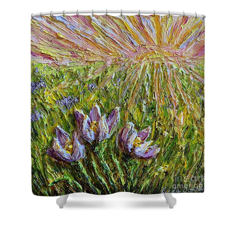 Crocus Shower Curtain featuring the painting Spring has Sprung by Linda Donlin