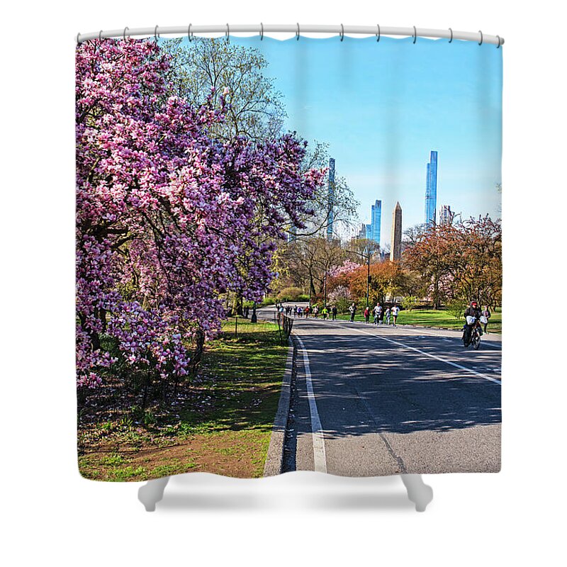 New Shower Curtain featuring the photograph Spring in Central Park New York Egyptian Obelisk and Skyline by Toby McGuire