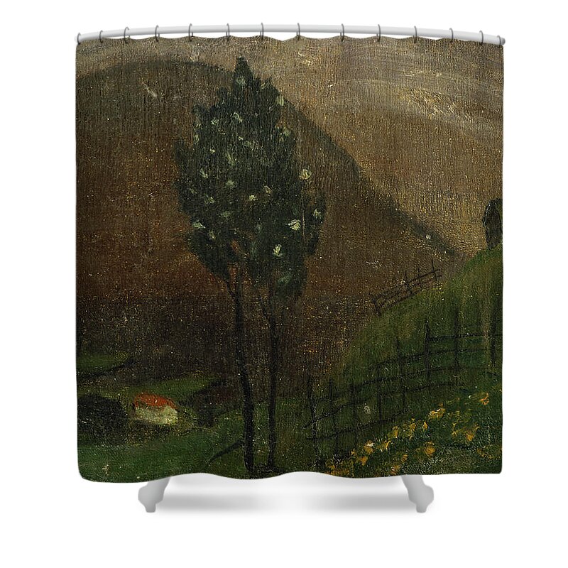 Nikolai Astrup Shower Curtain featuring the painting Spring landscape by O Vaering by Nikolai Astrup