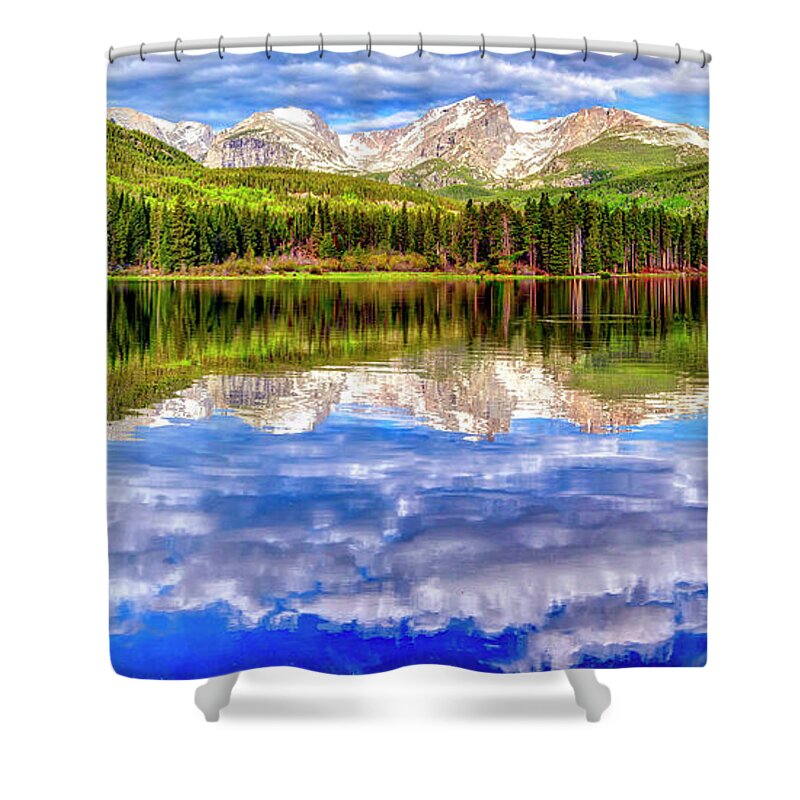  Shower Curtain featuring the photograph Spring Morning Scenic View Of Sprague Lake Against Cloudy Sky by Lena Owens - OLena Art Vibrant Palette Knife and Graphic Design
