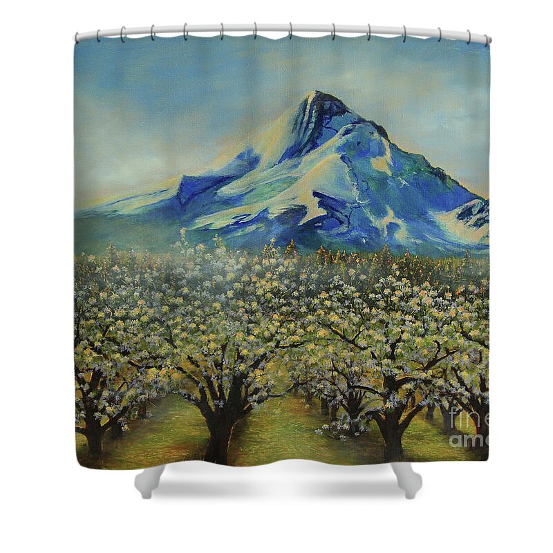 Landscape Shower Curtain featuring the painting Spring Orchards and Mt. Hood by Jeanette French