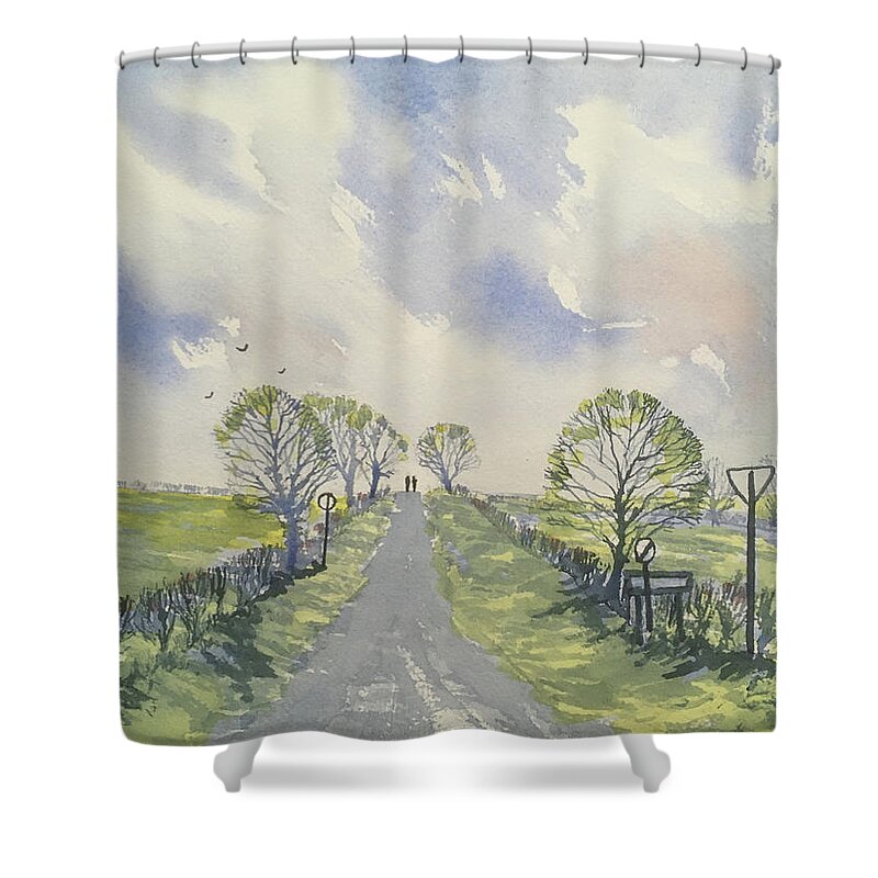 Watercolour Shower Curtain featuring the painting Spring Sky over York Road, Kilham by Glenn Marshall