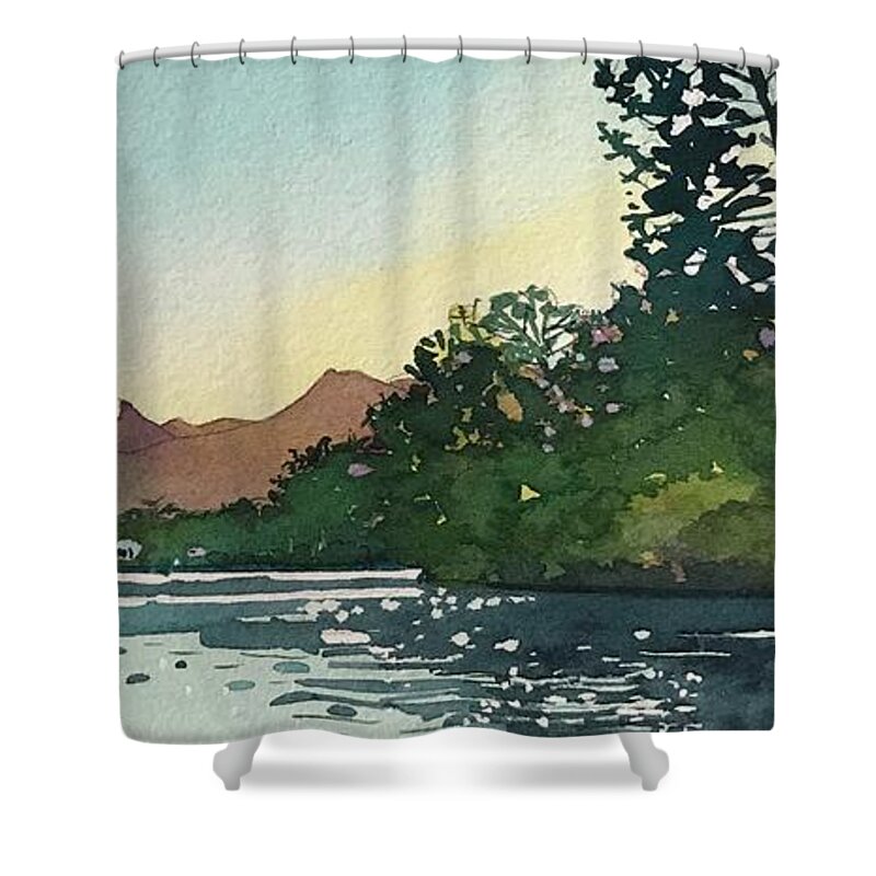 Malibou Lake Shower Curtain featuring the painting Spring sunshine Malibou lake by Luisa Millicent