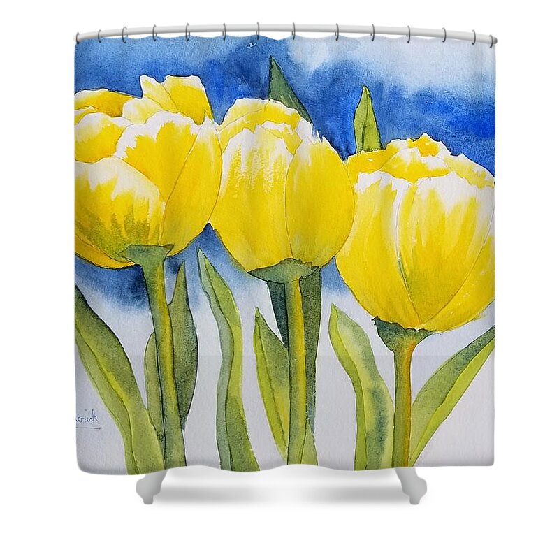 Yellow Tulips Shower Curtain featuring the painting Spring Tulips by Ann Frederick