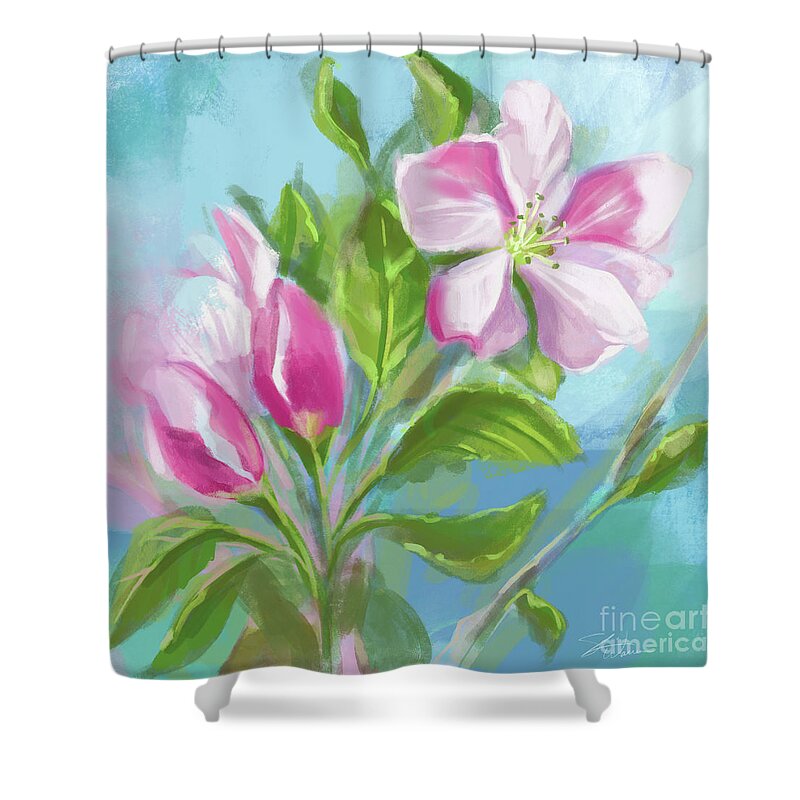 Apple Shower Curtain featuring the mixed media Springtime Apple Blossoms by Shari Warren