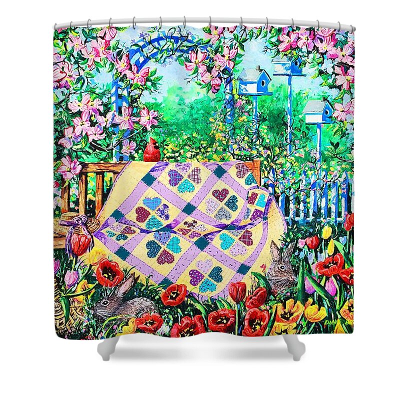 Garden Bench Shower Curtain featuring the painting Springtime Hearts and Flowers by Diane Phalen
