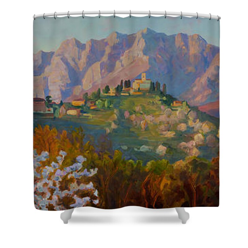 Landscape Shower Curtain featuring the painting Springtime on the Brianza hills by Marco Busoni