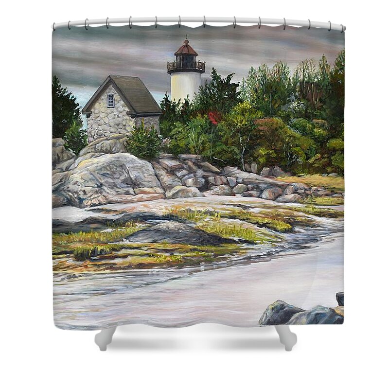 Annisquam Shower Curtain featuring the painting Squam Light, Summer by Eileen Patten Oliver