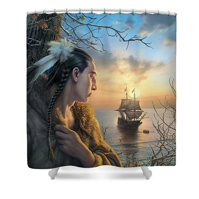 Indian Shower Curtain featuring the digital art Squanto by Mark Fredrickson