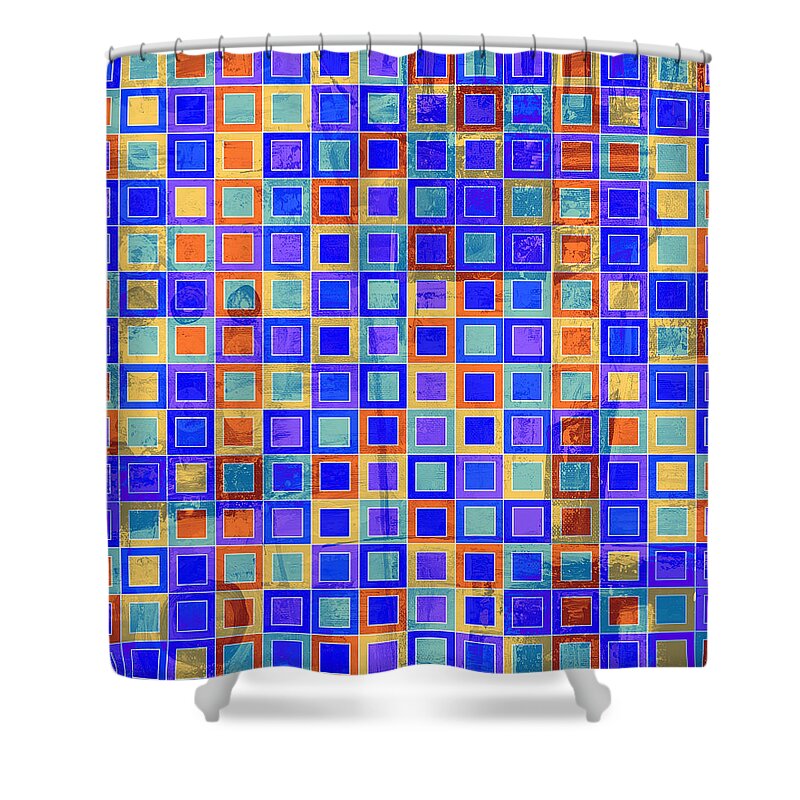 Art With Squares Shower Curtain featuring the digital art SQUARE MELONS Purple Orange Abstract Squares by Lynnie Lang