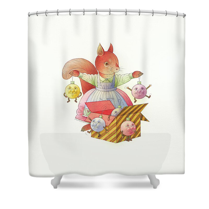 Squirrel Animals Winter Christmas Christmastree Christmastoys Holydays Shower Curtain featuring the drawing Squirrel by Kestutis Kasparavicius