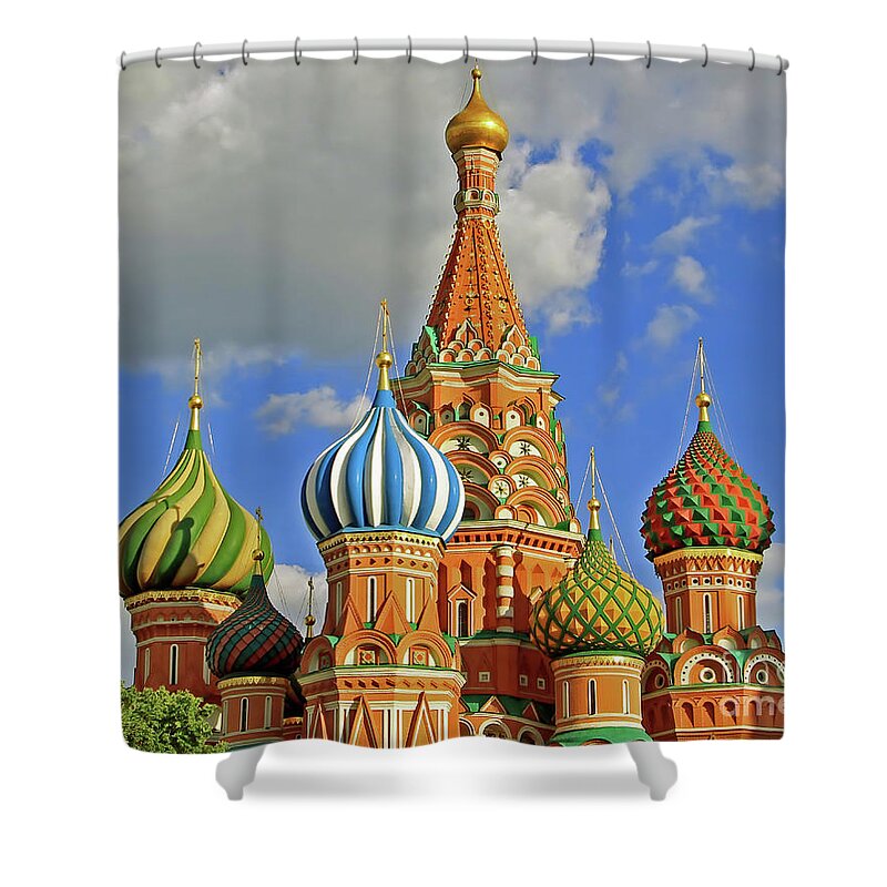 Travel Shower Curtain featuring the photograph St Basil Onion Domes by Tom Watkins PVminer pixs