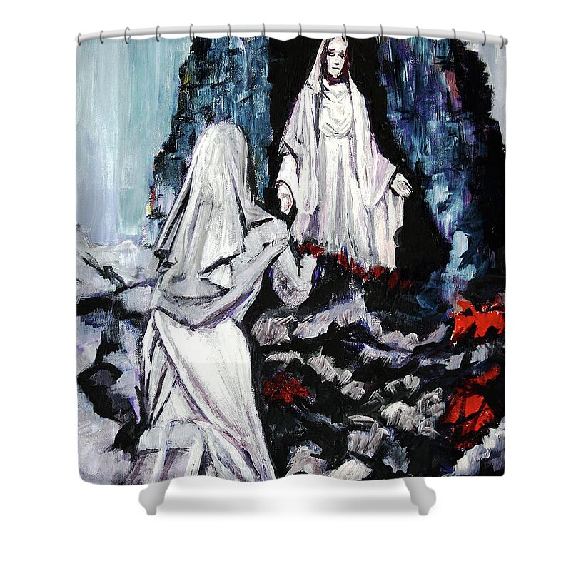 Saint Shower Curtain featuring the painting St Bernadette at the Grotto by Frank Botello