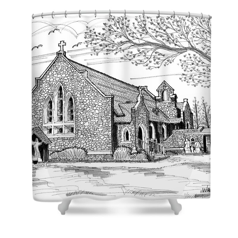 Catholic Church Shower Curtain featuring the drawing St Christophers Church Red Hook NY by Richard Wambach