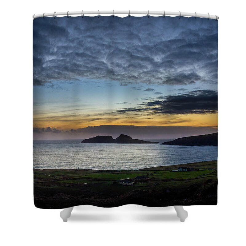 Puffin Shower Curtain featuring the photograph St Finans Sunset by Mark Callanan