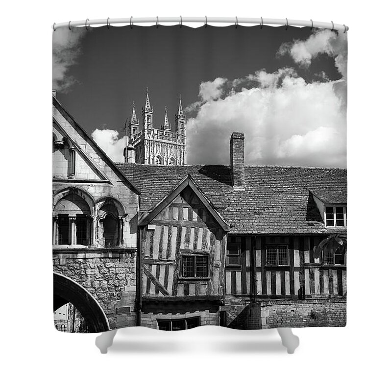 Britain Shower Curtain featuring the photograph St Marys Gate, Gloucester, UK by Seeables Visual Arts