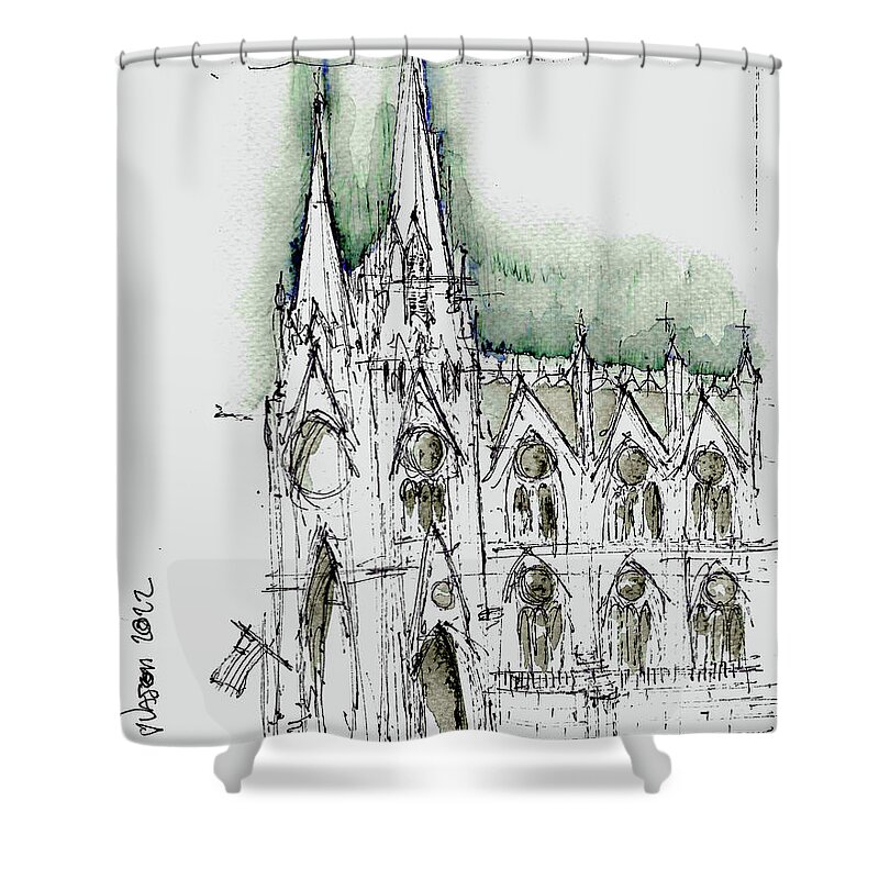 Ink Shower Curtain featuring the drawing St. Patrick's Cathedral by Jason Nicholas