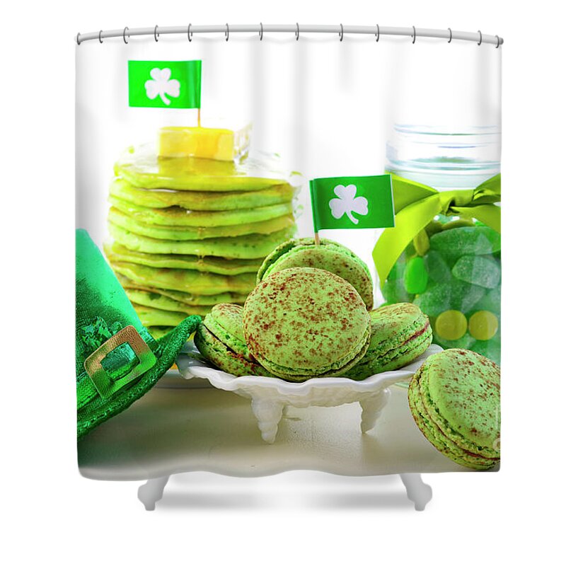 Biscuit Shower Curtain featuring the photograph St Patricks Day green party food. by Milleflore Images