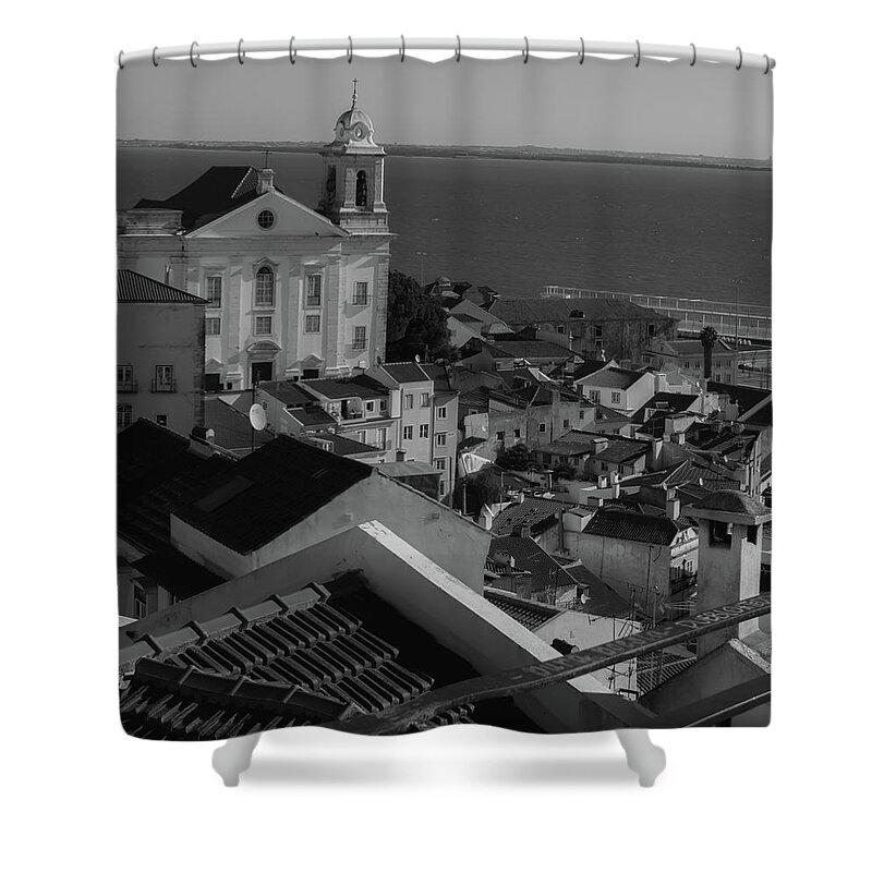 Church Shower Curtain featuring the photograph St Stephen Church and the Alfama Coastline of Lisbon Portugal by Christina McGoran