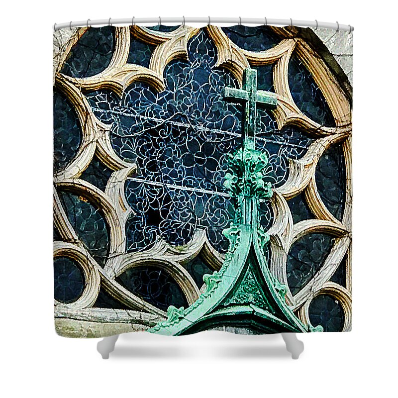  Shower Curtain featuring the photograph Stain glass with Cross by Stephen Dorton