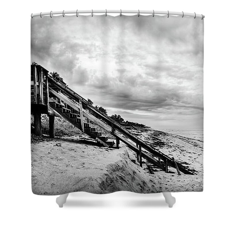 Black Shower Curtain featuring the photograph Stairs to the Beach Panorama Black and White by Debra and Dave Vanderlaan