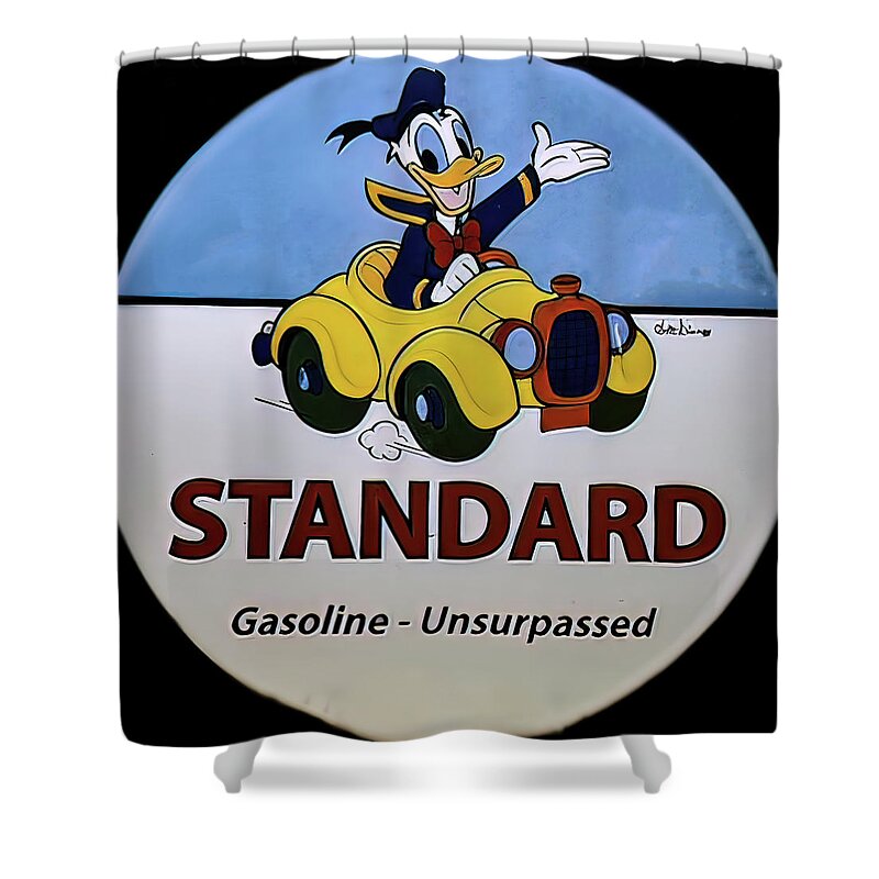 Standard Gasoline Shower Curtain featuring the photograph Standard Gasoline Donald Duck pump sign by Flees Photos