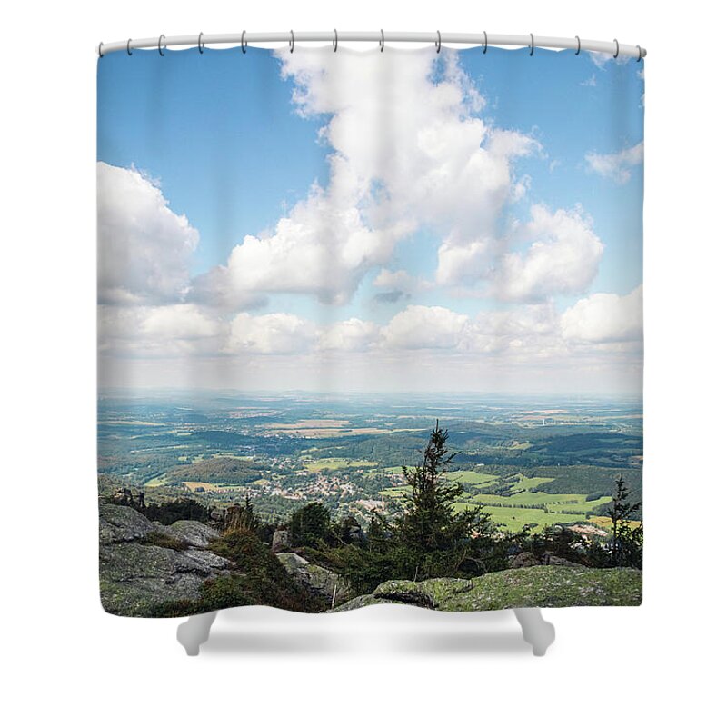 Outdoor Shower Curtain featuring the photograph Standing on a rock in Jizera mountains by Vaclav Sonnek