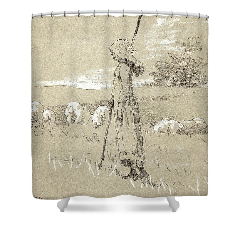 Winslow Homer Shower Curtain featuring the drawing Standing Shepherdess with her Flock by Winslow Homer