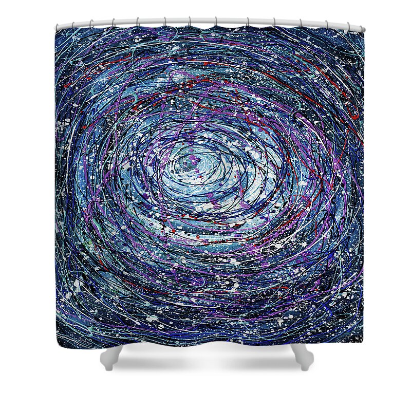 Olena Art Shower Curtain featuring the painting Star Trails Circular Abstract Pollock inspired artwork. by OLena Art by Lena Owens - Vibrant DESIGN