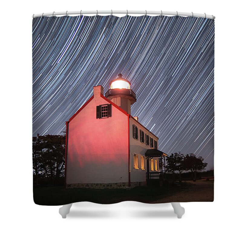 Lighthouse Shower Curtain featuring the photograph Star Trails Over East Point Light by Kristia Adams